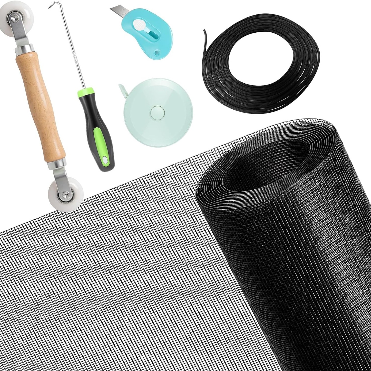 Screen Mesh Repair Kit (Black Fiberglass Mesh, Roller, Spline & Cutter)