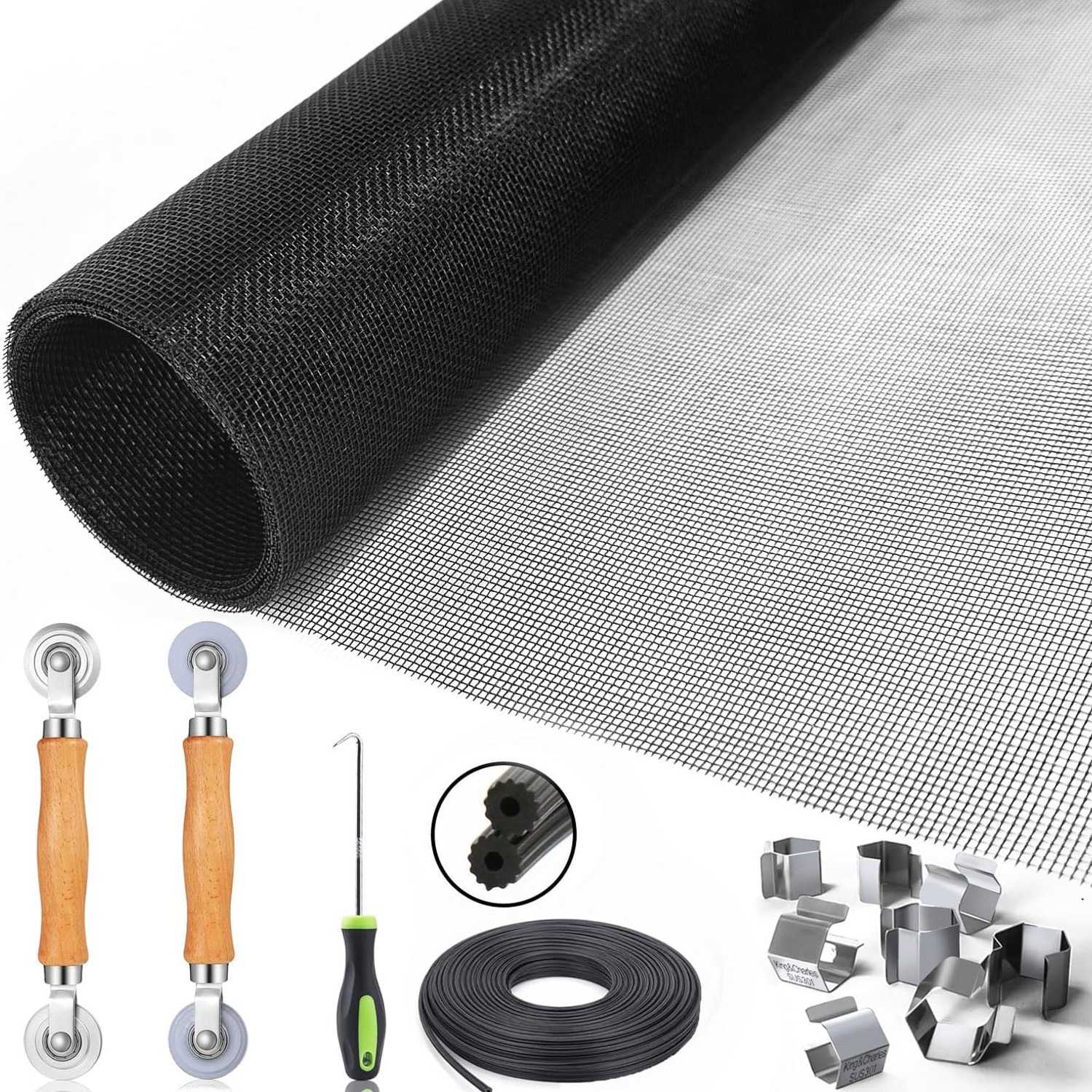 6-in-1 Window Screen Repair Kit with Fiberglass Mesh, Spline and Roller