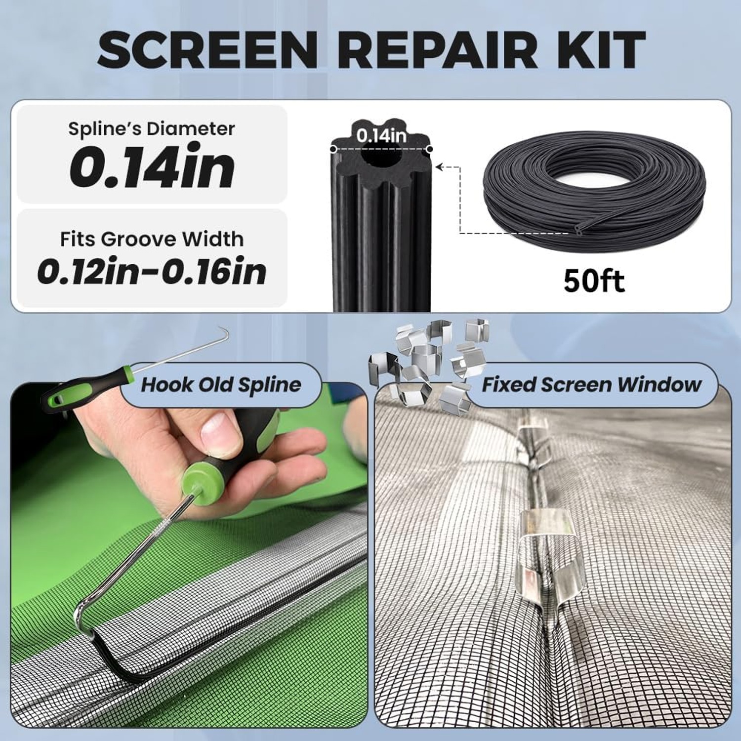 6-in-1 Window Screen Repair Kit with Fiberglass Mesh, Spline and Roller: image 7