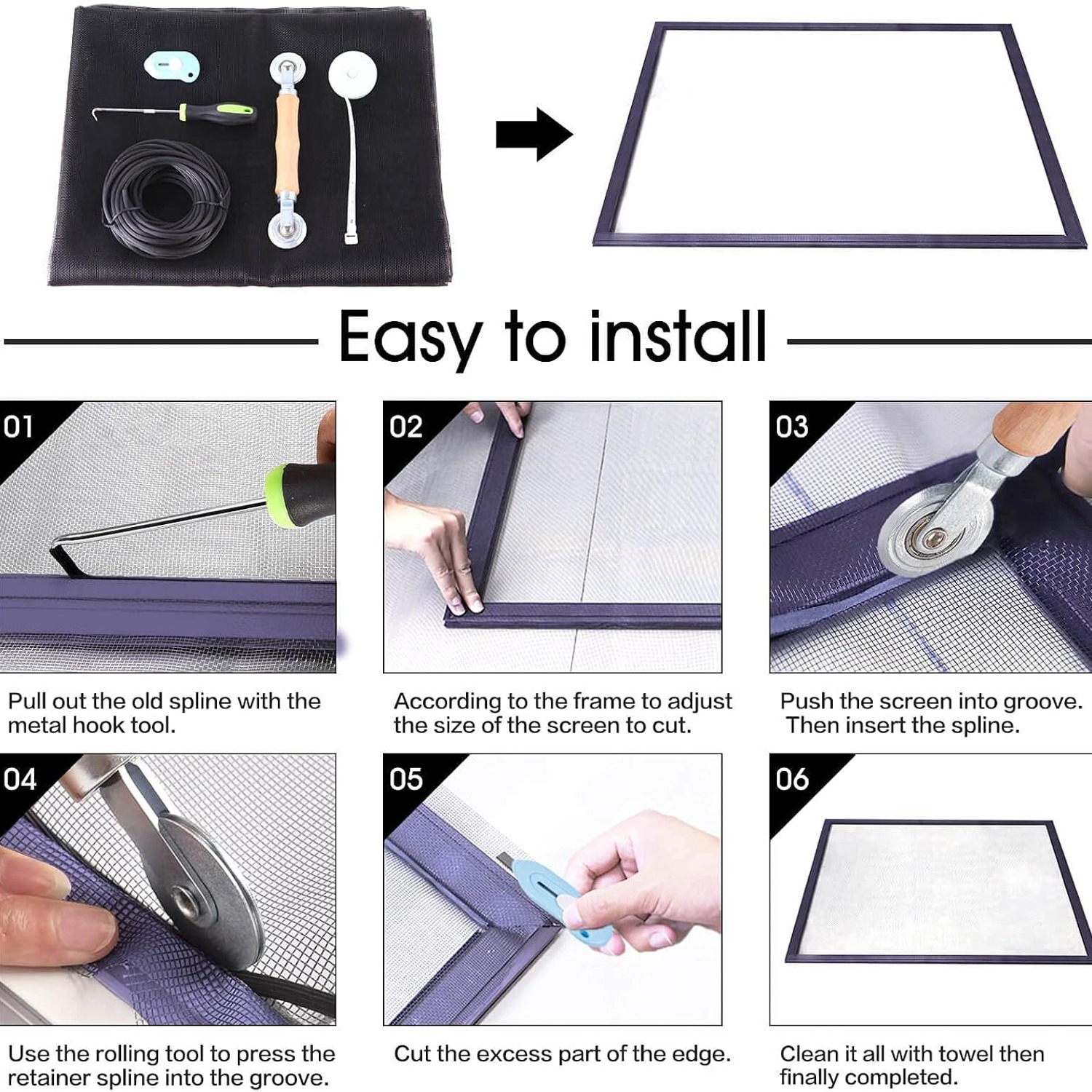 Window Screen Replacement Kit 48" x 118" with Roller, Spline and Tools